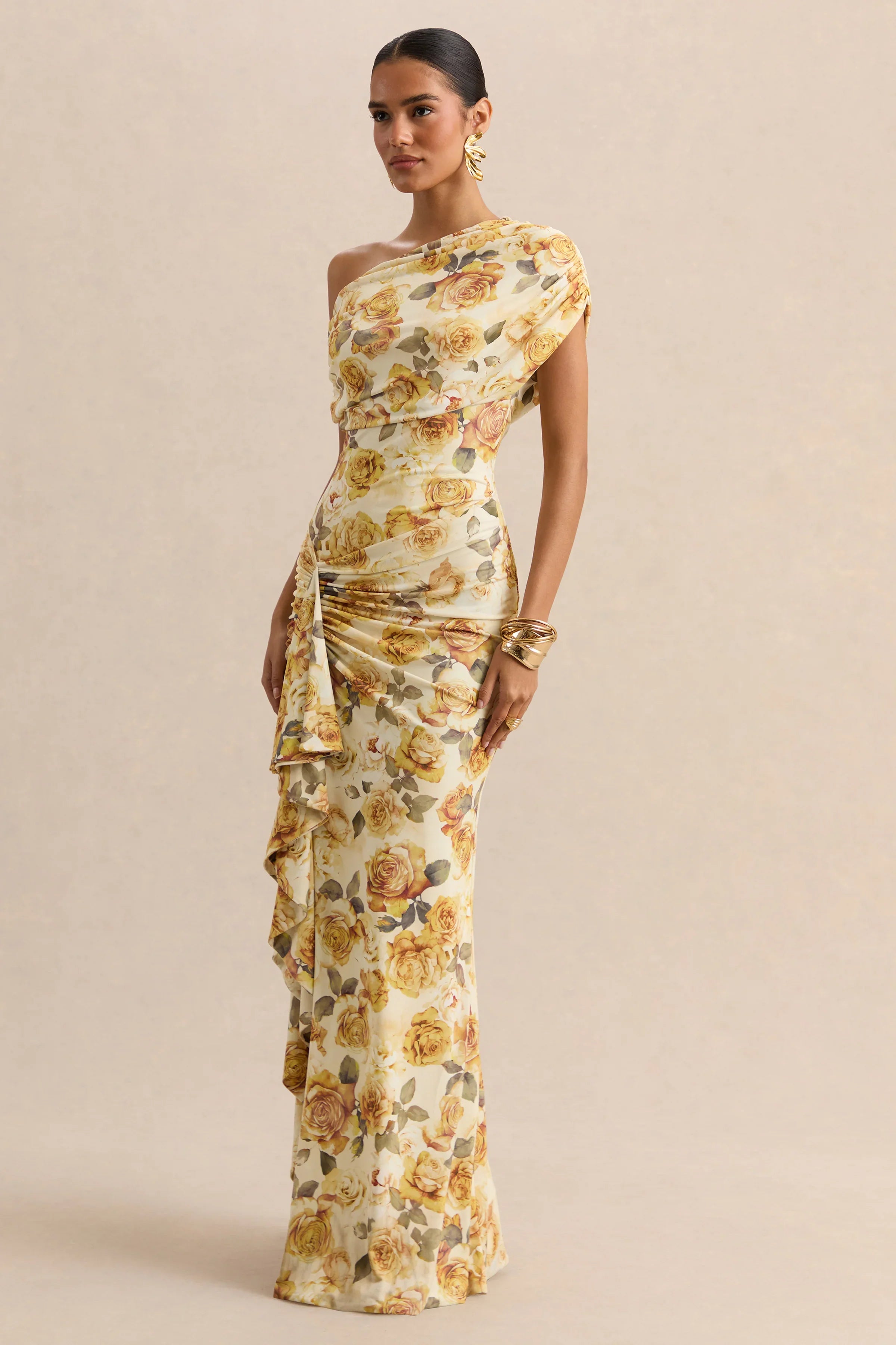 Siora Lemon Rose Print Asymmetric Neck Maxi Dress With Draped Detailing