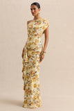 Siora Lemon Rose Print Asymmetric Neck Maxi Dress With Draped Detailing