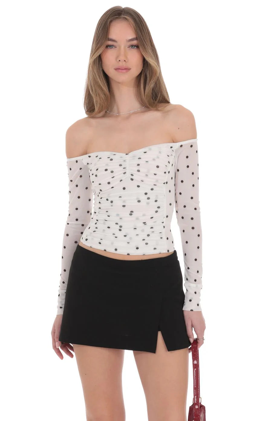 Polka Dot Off Shoulder Ruched Top in White