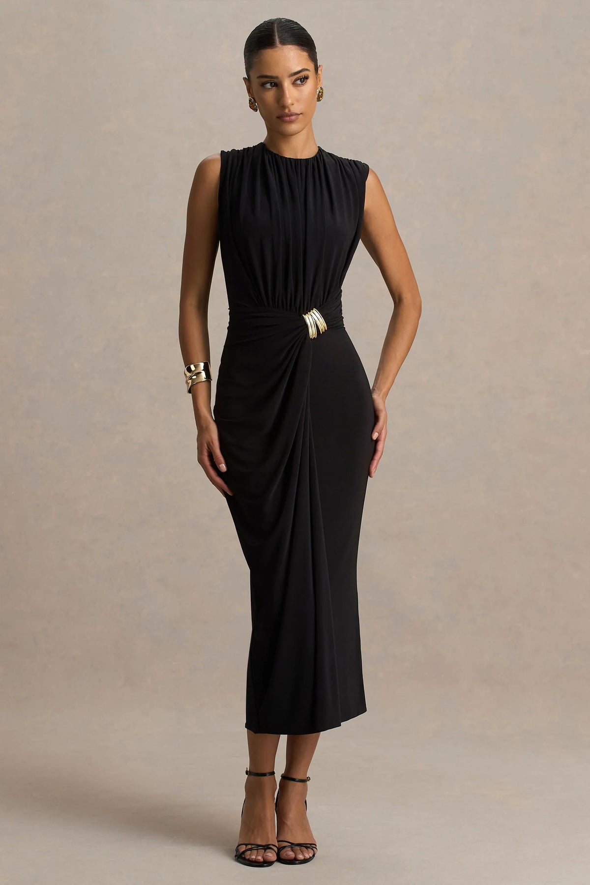 Harlow Black Crew Neck Wrapped Midi Dress