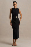 Harlow Black Crew Neck Wrapped Midi Dress