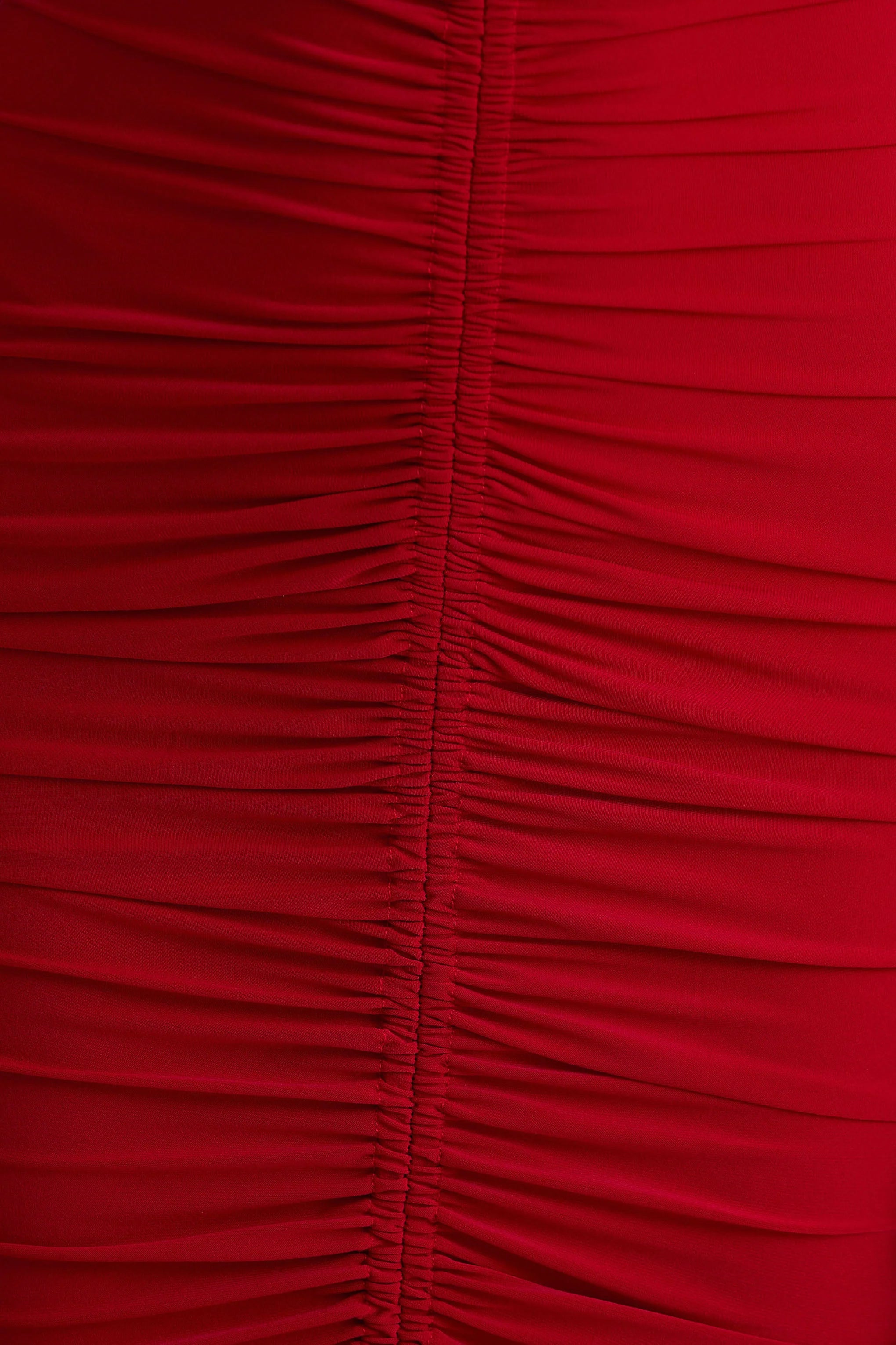 Jewel Red Plunge Neck Maxi Dress With Front Split and Ruched Detailing
