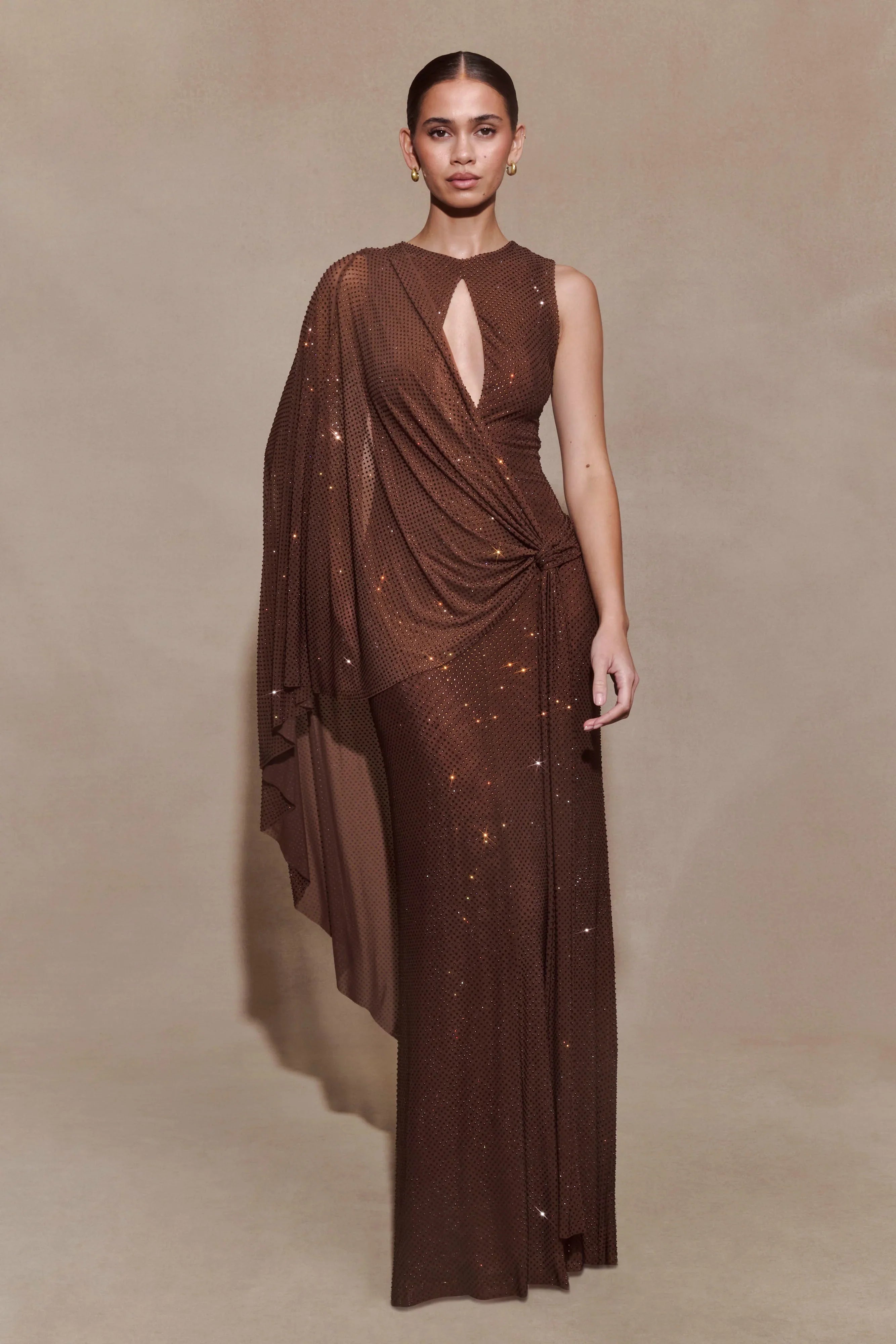 Bakari Diamante Cape Maxi Dress Chocolate