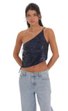 Sequin One Shoulder Tie Top in Navy