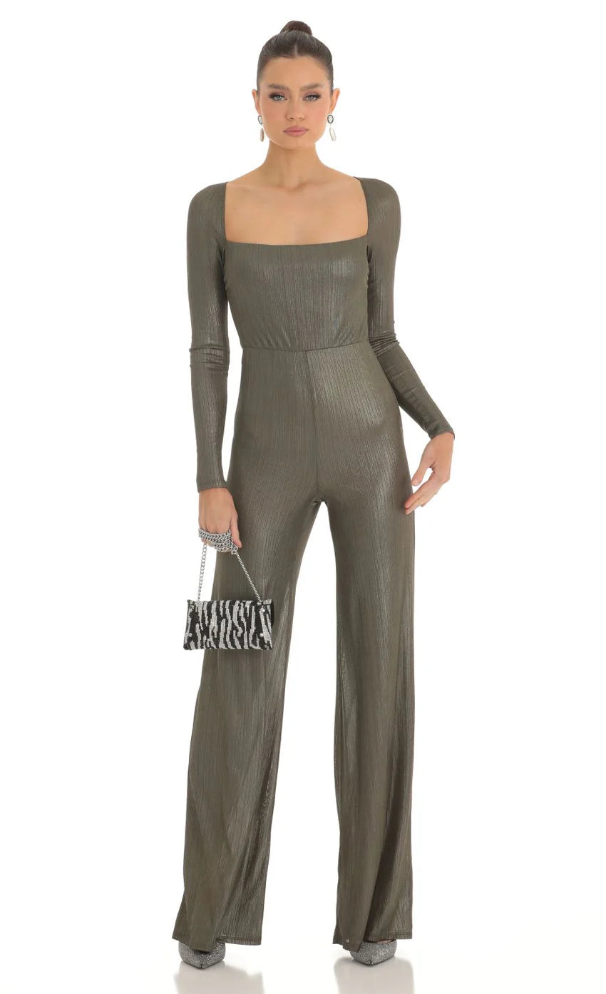 Shimmer Open Back Long Sleeve Jumpsuit in Olive