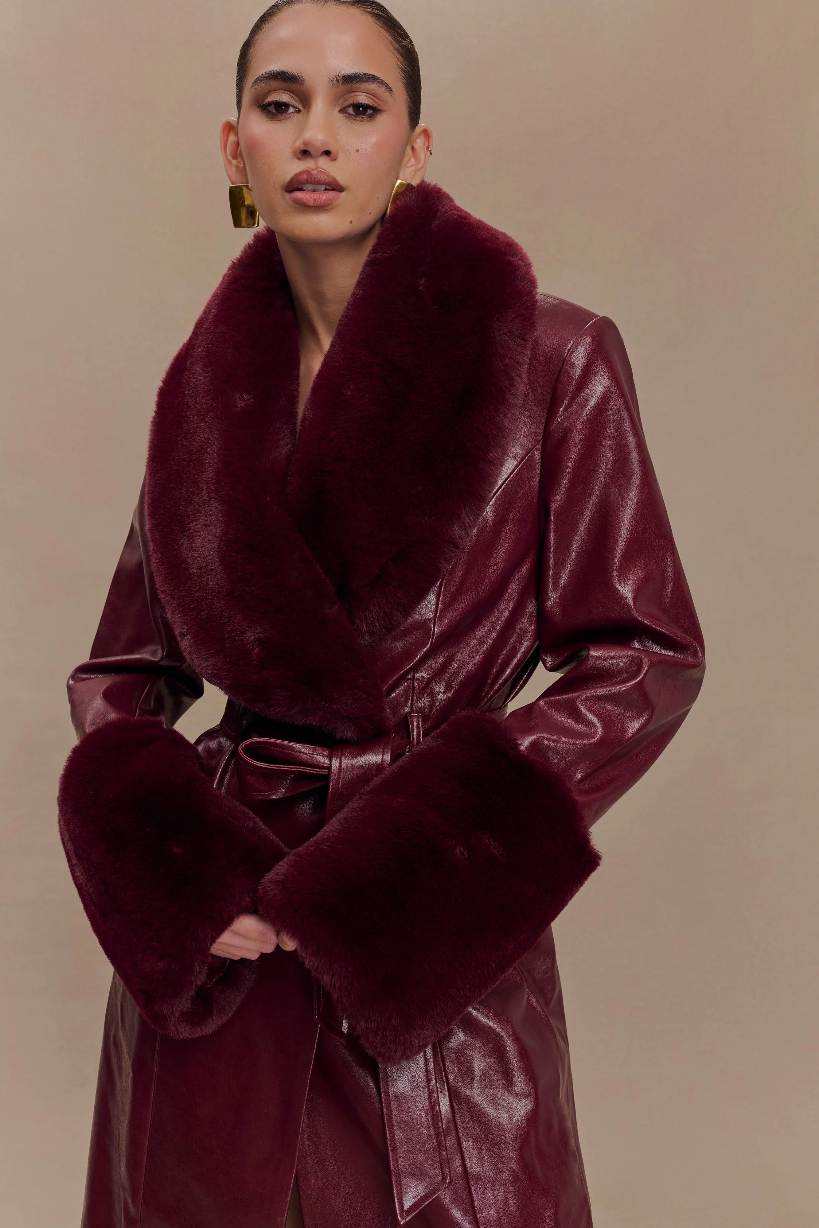 Bec Faux Leather Trench Coat With Faux Fur Cherry Red