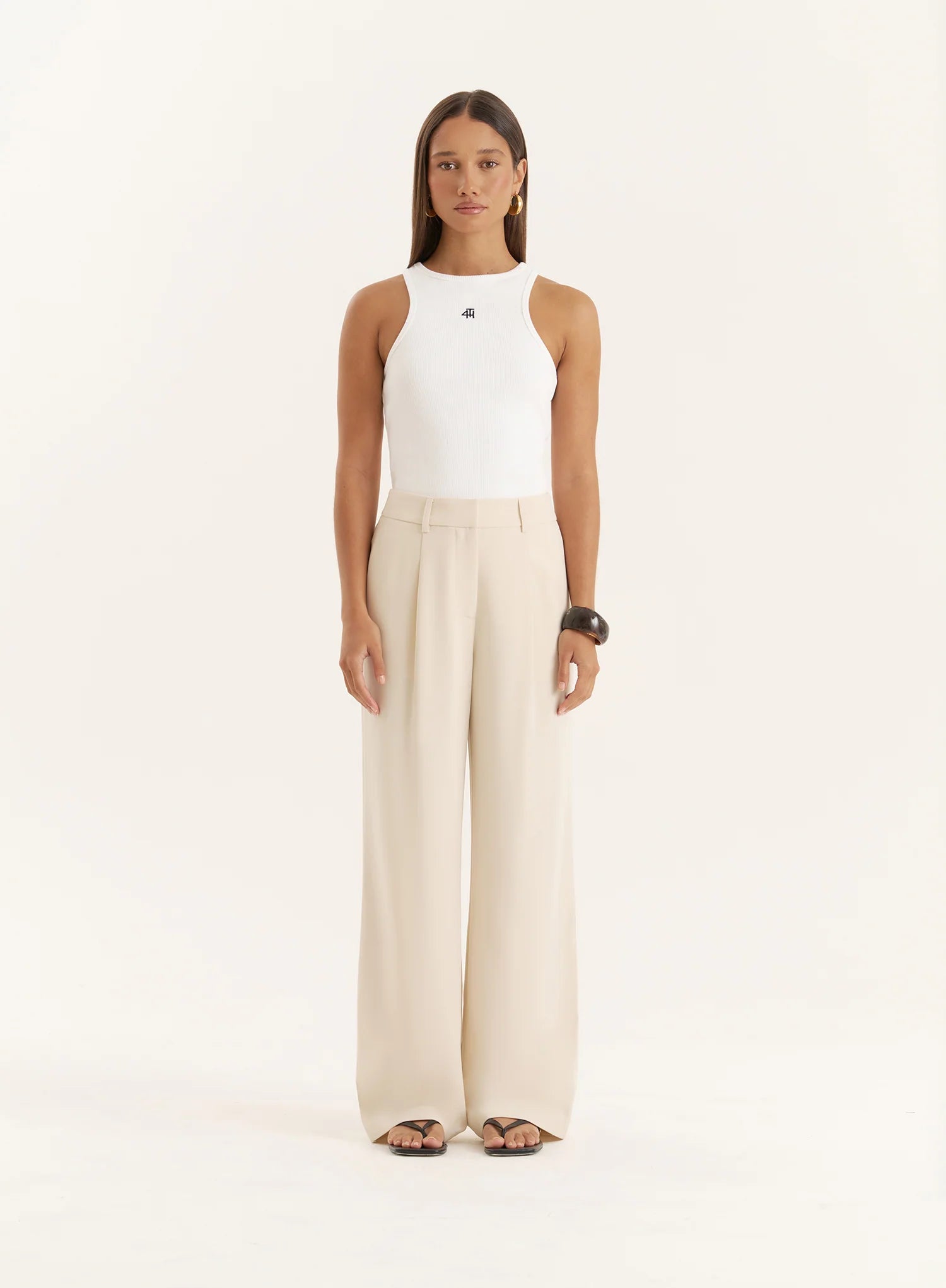 Cream Tailored Wide Leg Trousers