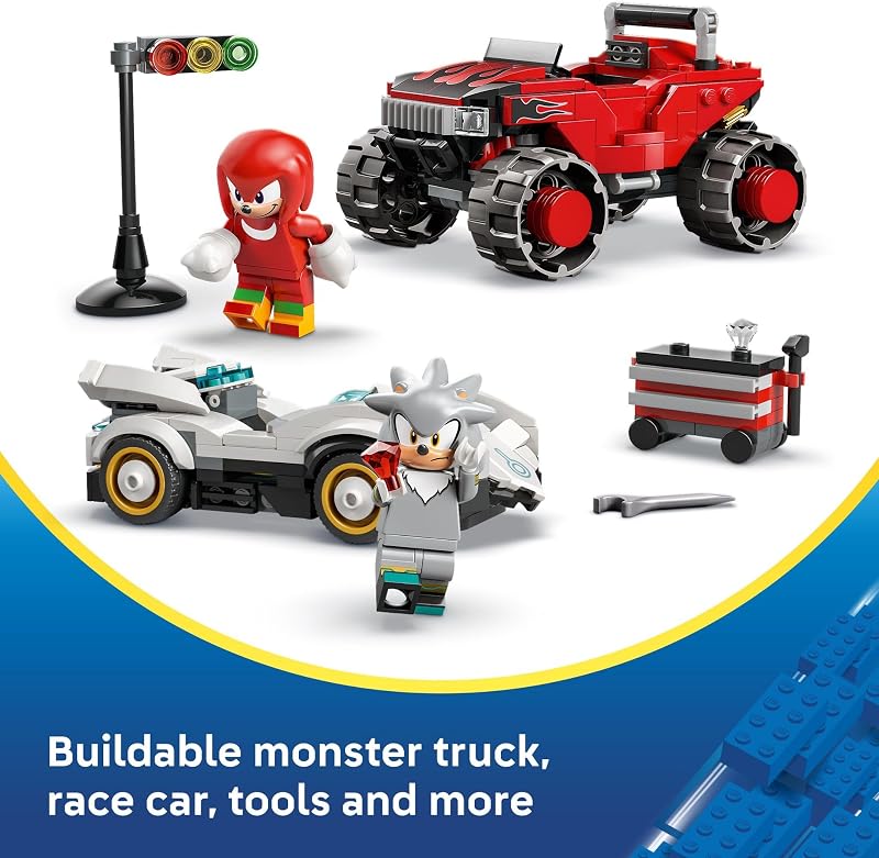 LEGO Sonic the Hedgehog Silvers Car vs Knuckles Monster Truck Building Toy for Boys Girls Racing Playset W Silver Knuckles Minifigures for Kids Ages 8 Gift Idea for Birthdays 77118