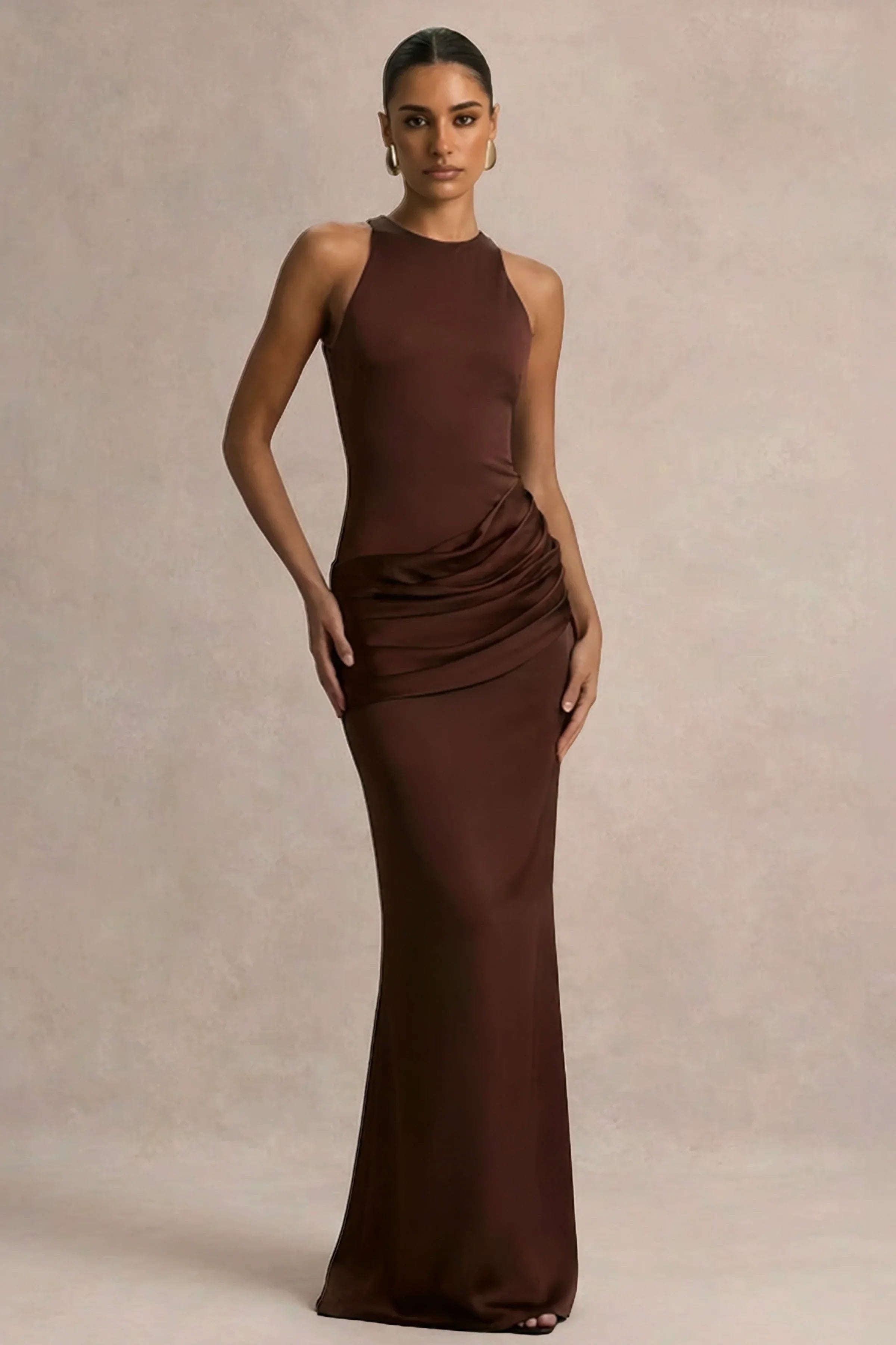 Akari Brown Crew Neck Maxi Dress With Satin Skirt