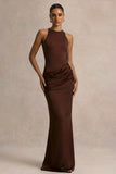 Akari Brown Crew Neck Maxi Dress With Satin Skirt