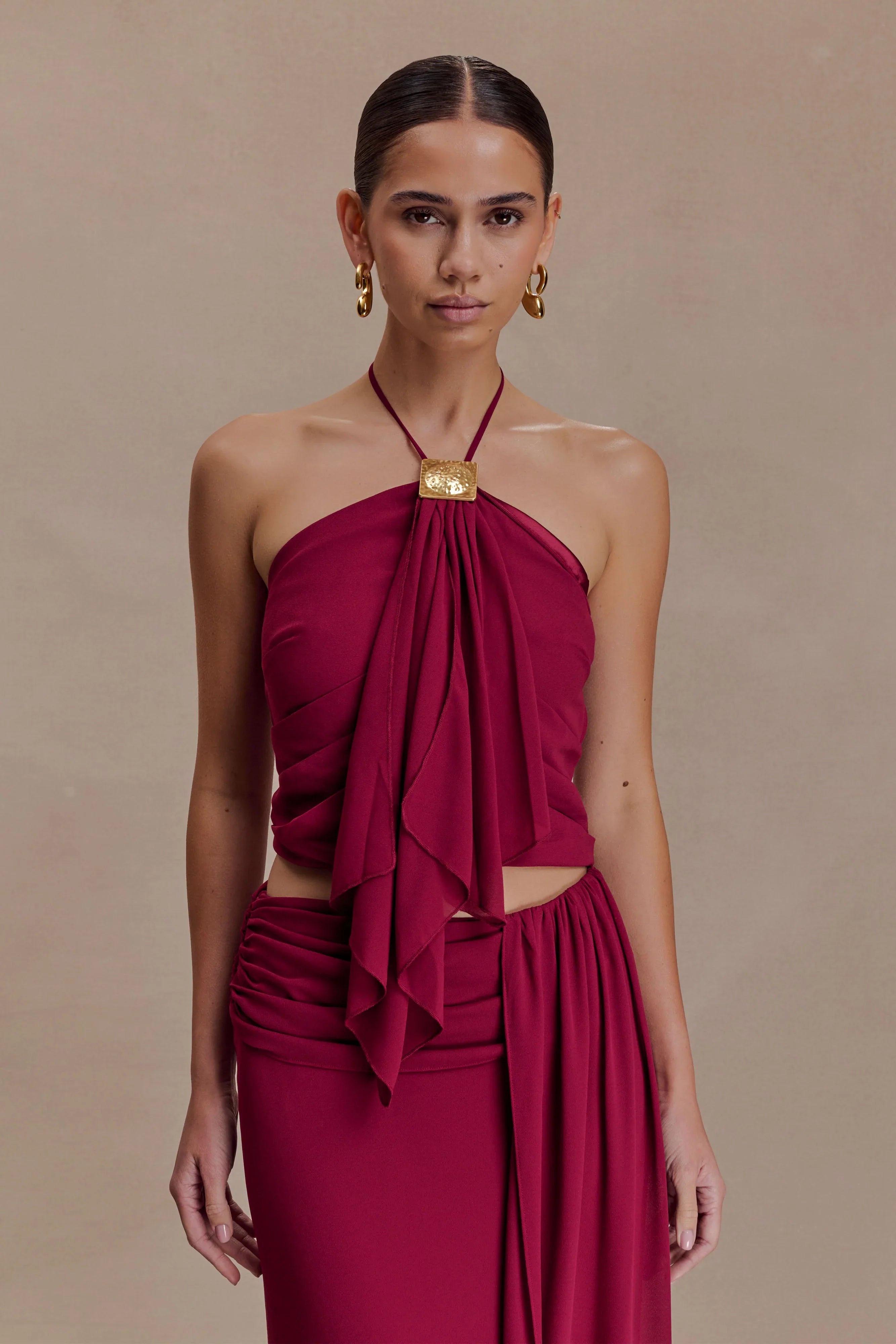 Celina Chiffon Halter Top With Hardware Cherry Red