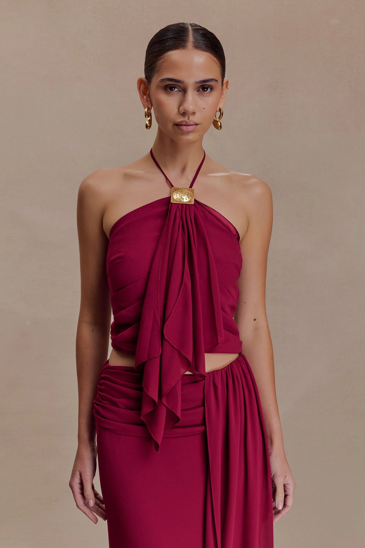 Celina Chiffon Halter Top With Hardware Cherry Red