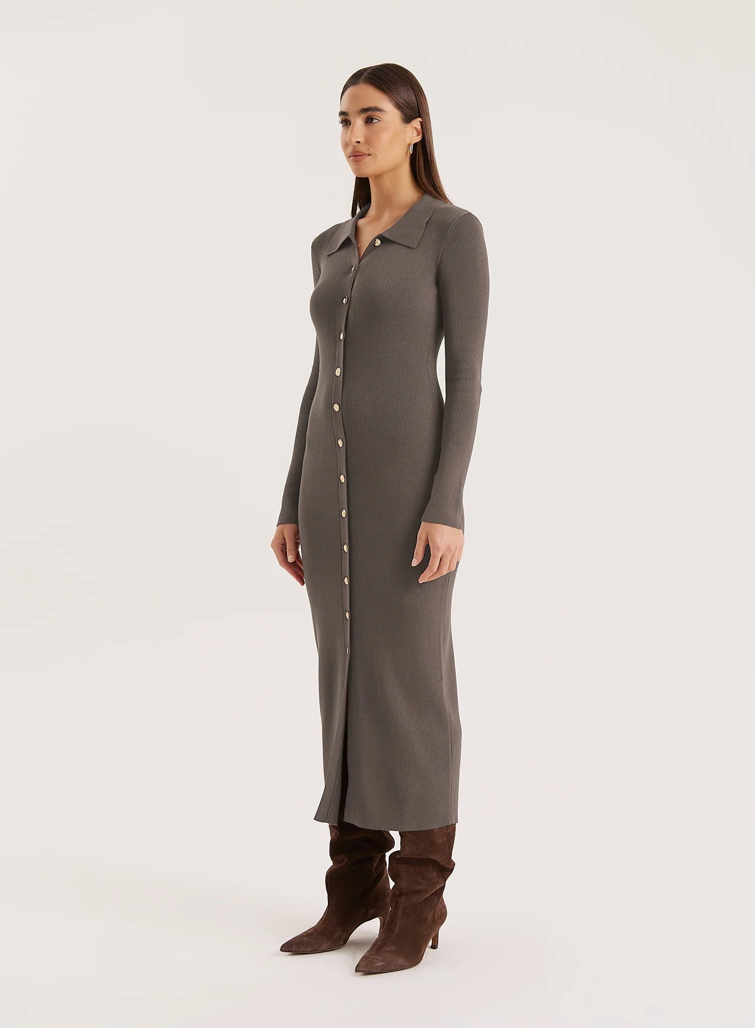 Charcoal Collared Button Down Knitted Dress