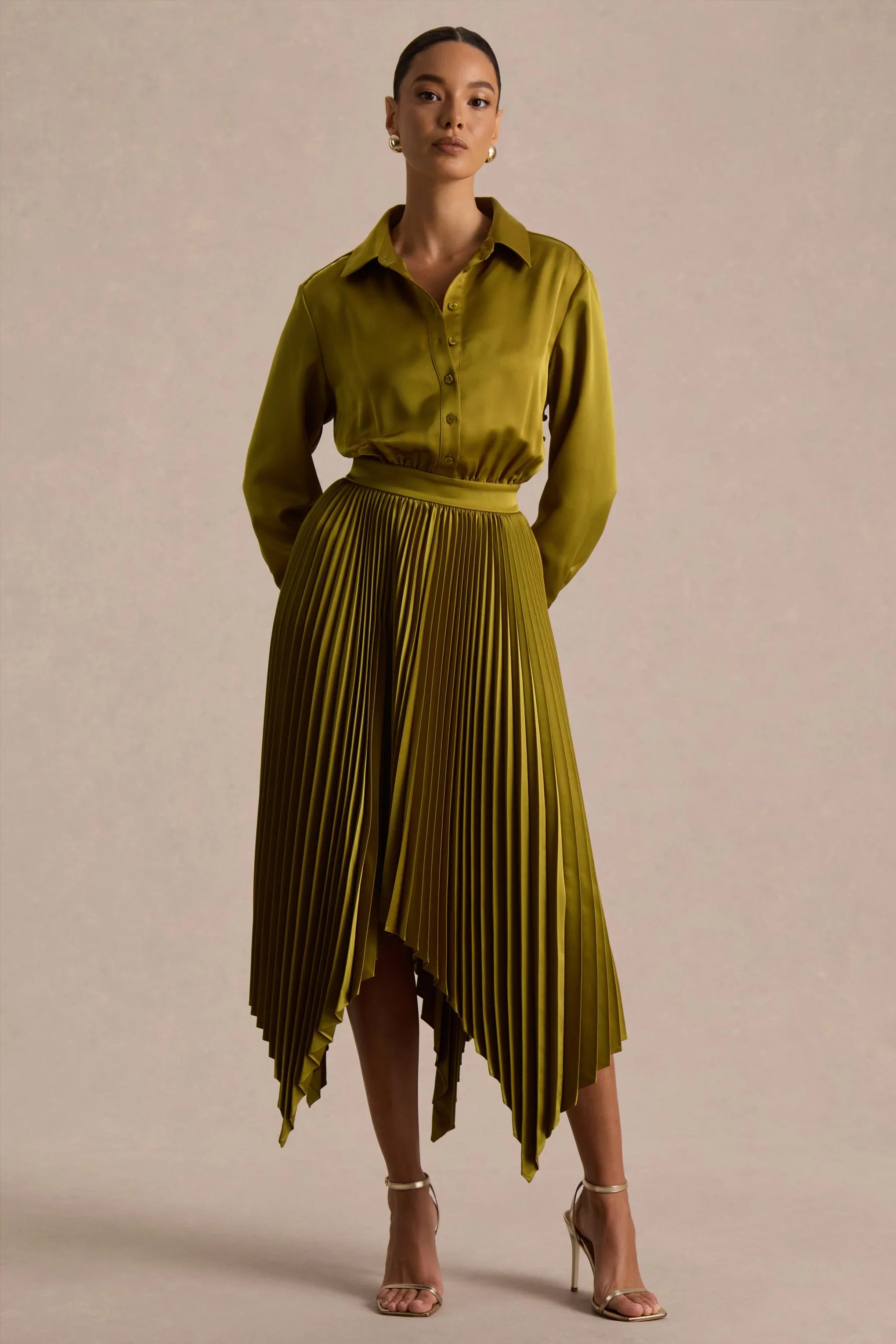 Naxos Olive Satin Shirt Maxi Dress With Pleated Skirt