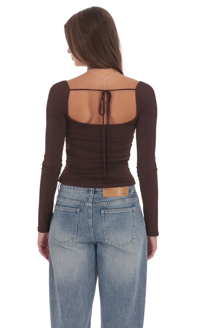 Embellished Long Sleeve Top in Chocolate