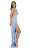 Satin Ruffle Slit Maxi Dress in Light Blue