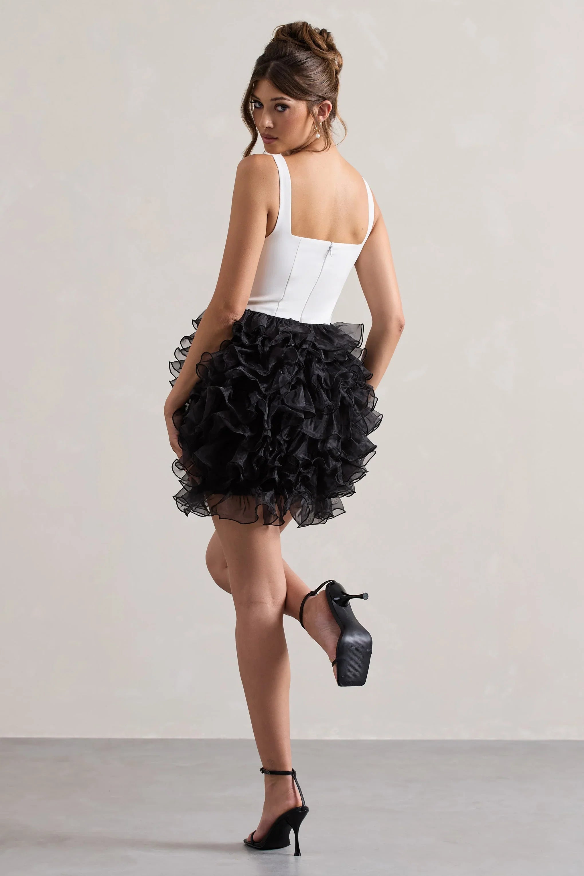 Riot Black White Plunge Neck Mini Dress With Organza Skirt