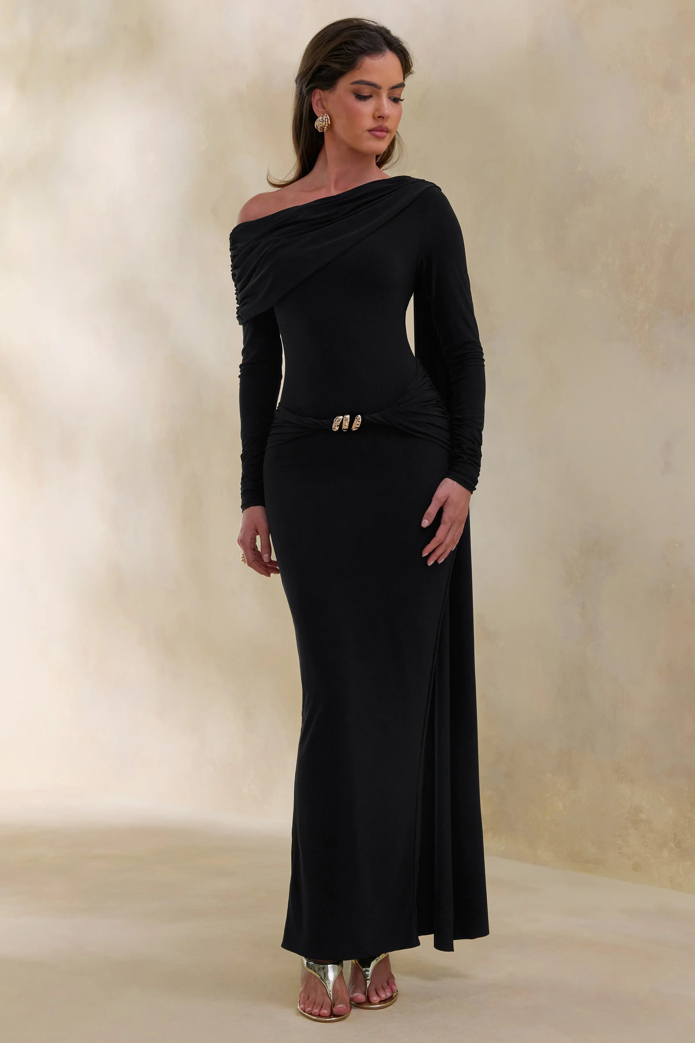 Bessy Black Asymmetric Neck Maxi Dress With Gathered Detailing And Sash