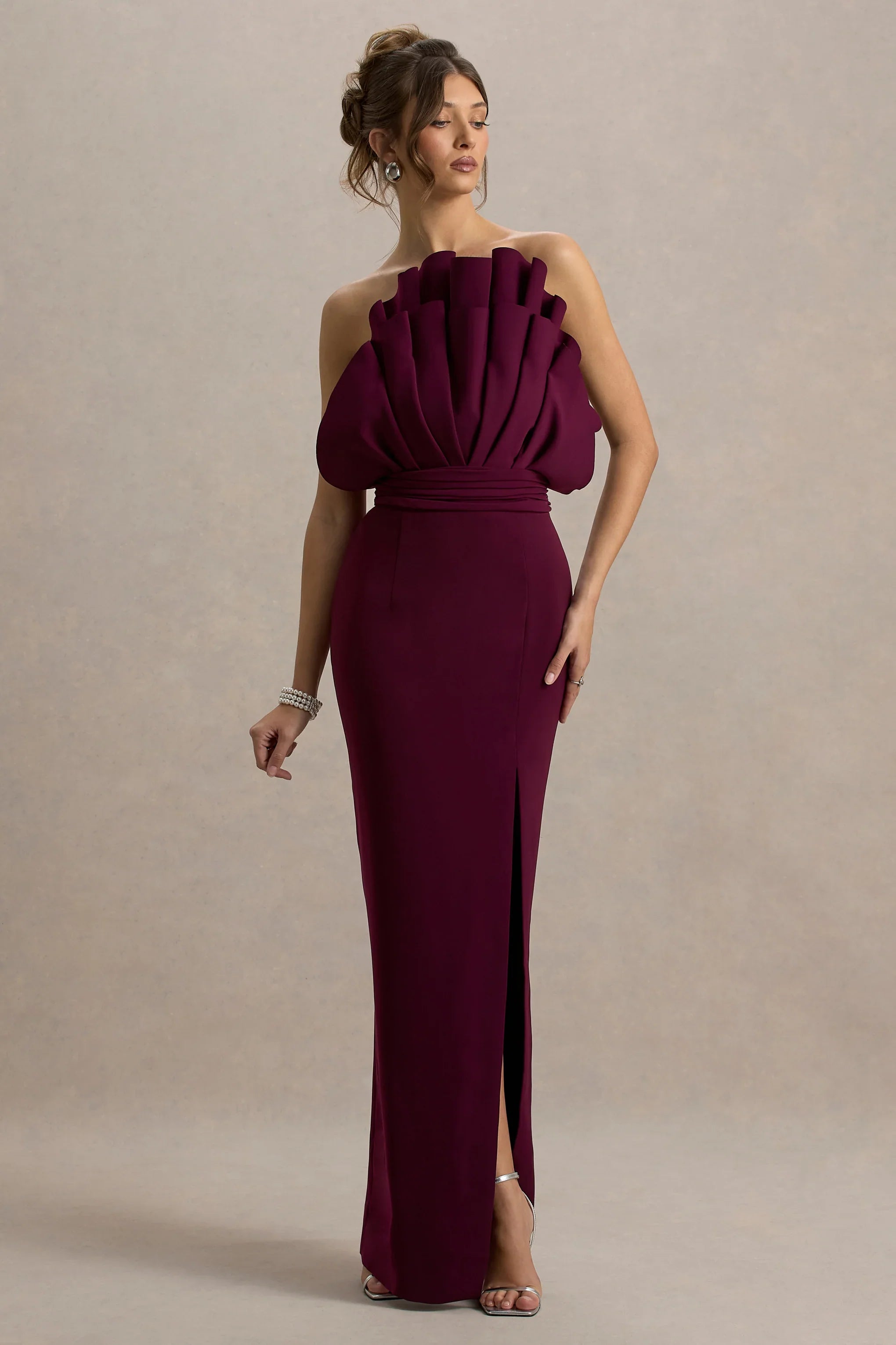 Set The Bar Plum Ruffled Strapless Split Maxi Dress