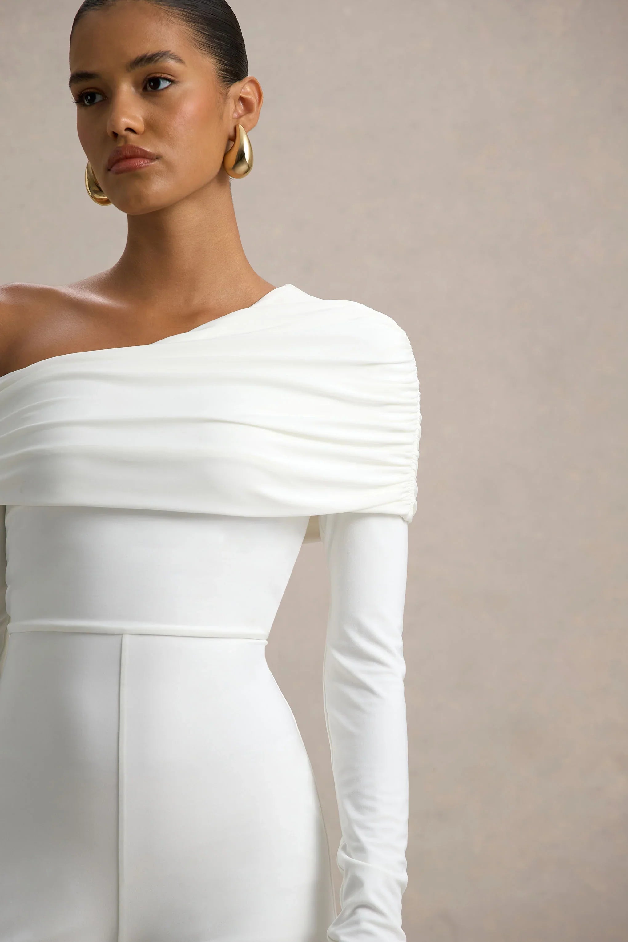 Gracious White Jumpsuit With Asymmetric Neckline
