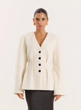 Cream Tailored Cinched Waist Wool Blend Blazer