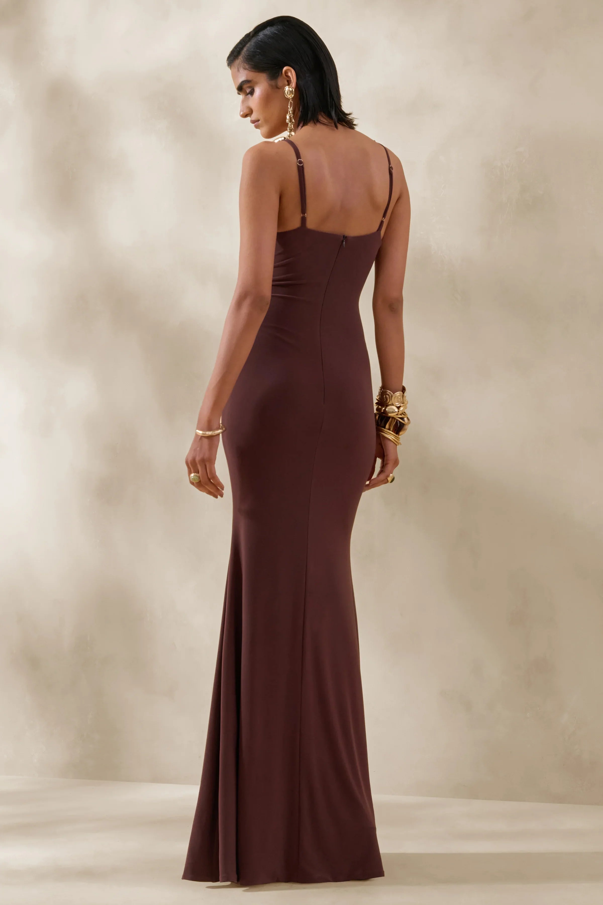 Iridessa Brown Plunge Neck Maxi Dress