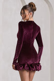 Claudine Port Velvet Long Sleeved Ruffled Mini Dress