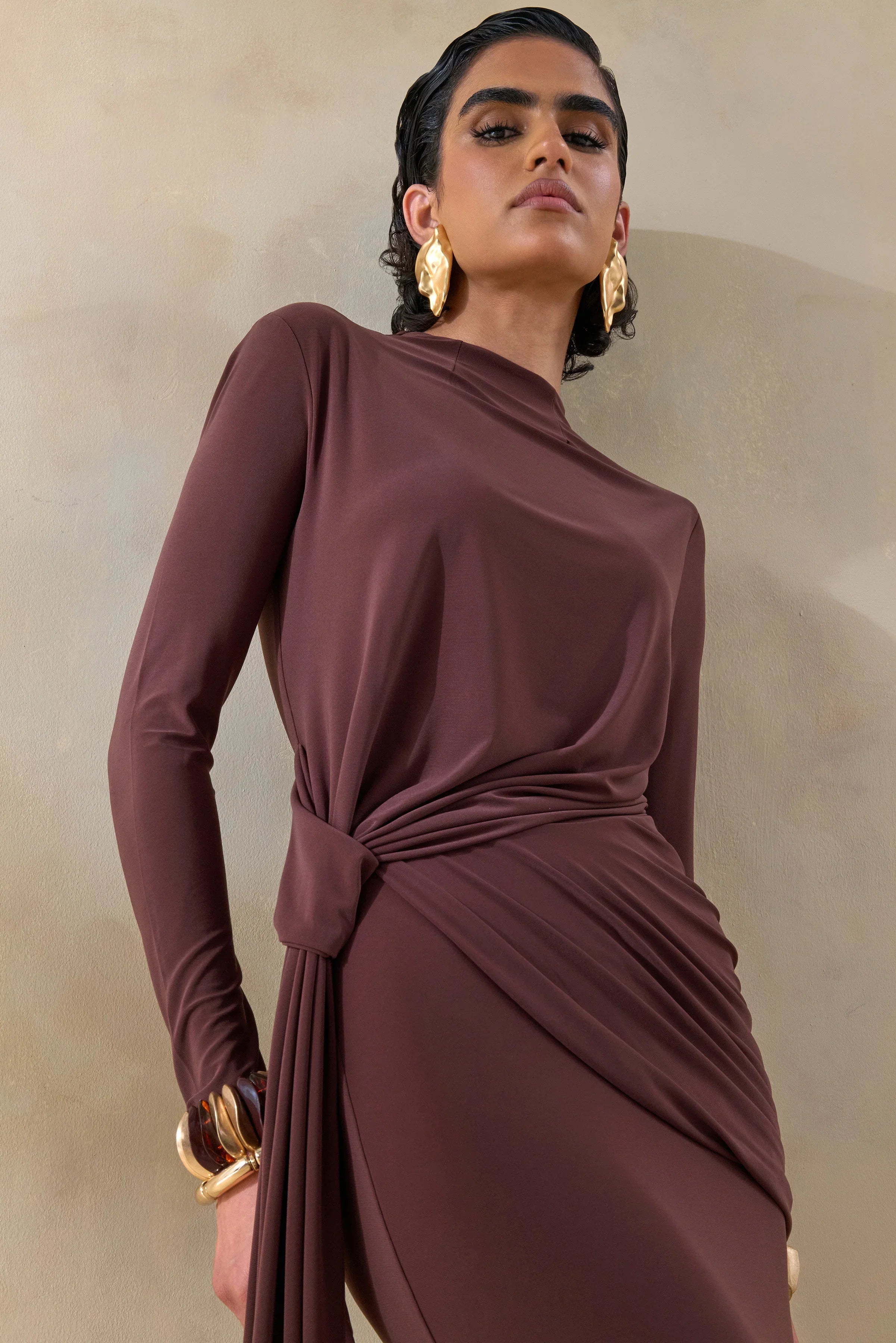 Kyrissa Brown High Neck Maxi Dress With Gathered Detailing