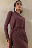 Kyrissa Brown High Neck Maxi Dress With Gathered Detailing