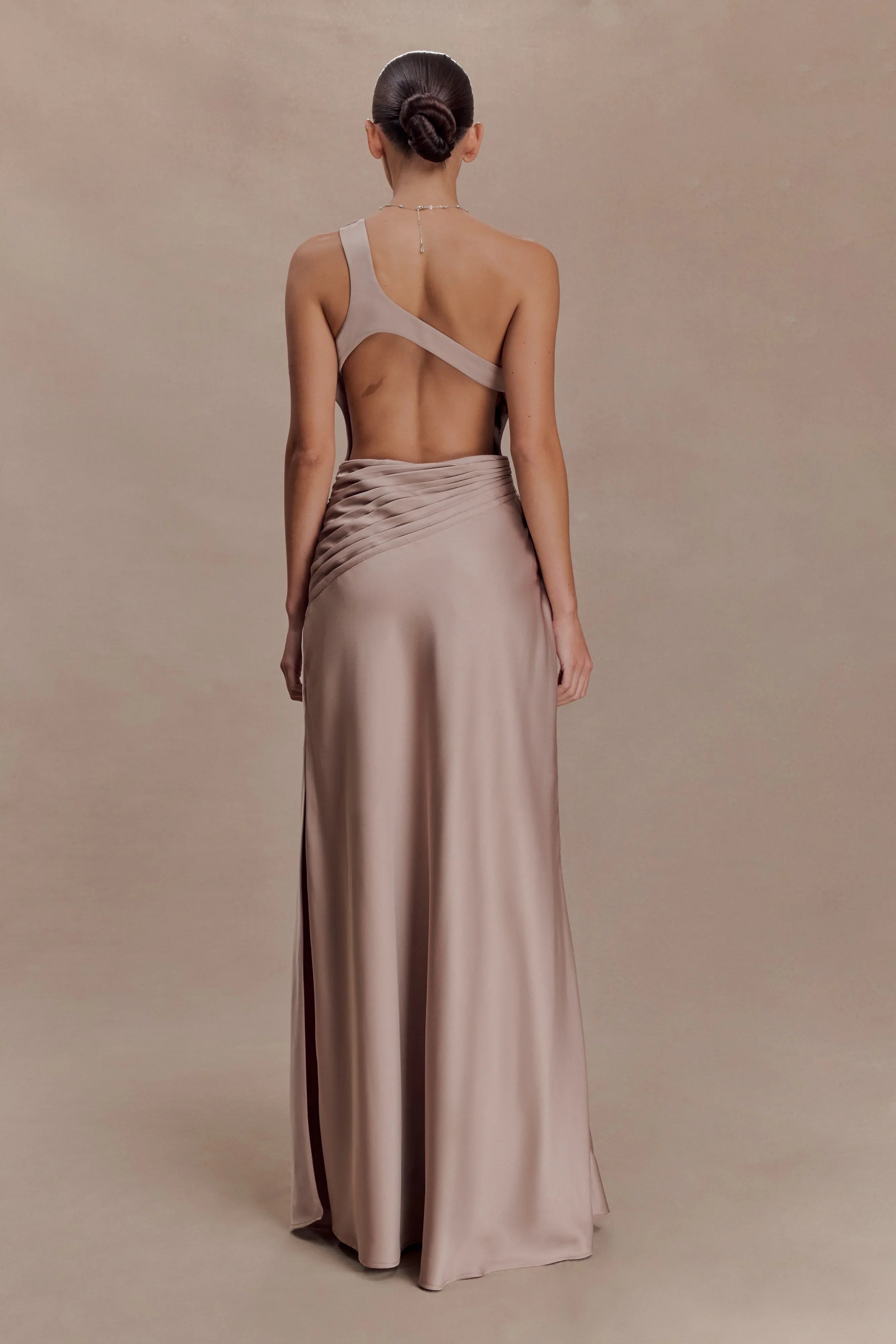 Lyla Asymmetrical Satin Maxi Dress Bronze Taupe