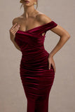 Apolline Berry Velvet Off The Shoulder Ruched Fishtail Maxi Dress