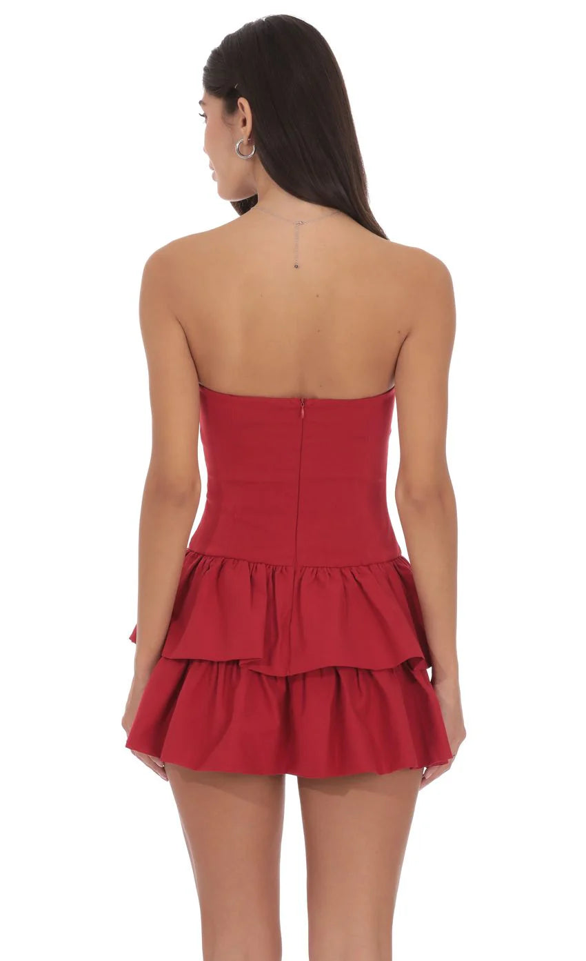 Strapless Corset Ruffle Dress in Red