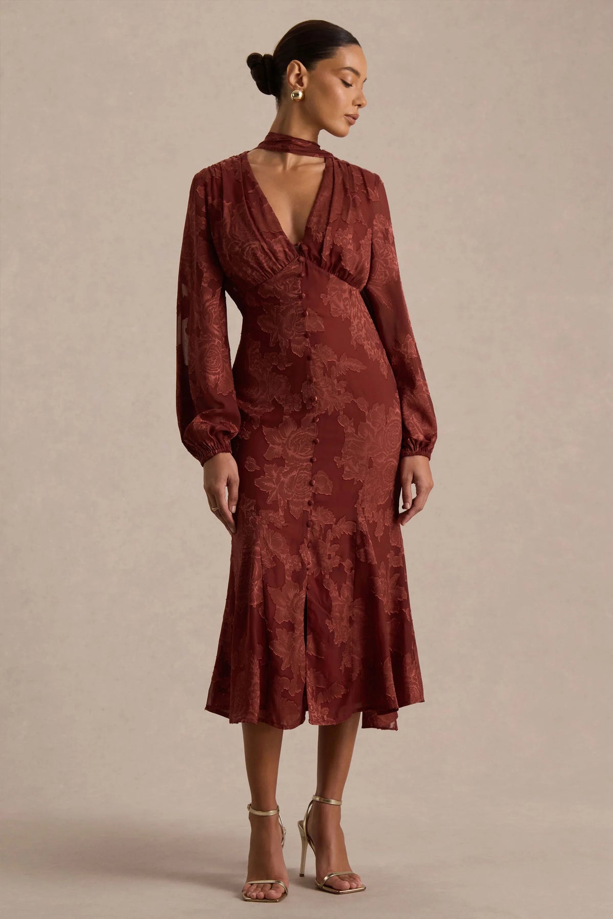 Sabina Rust Devore Plunge Neck Midi Dress