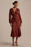 Sabina Rust Devore Plunge Neck Midi Dress