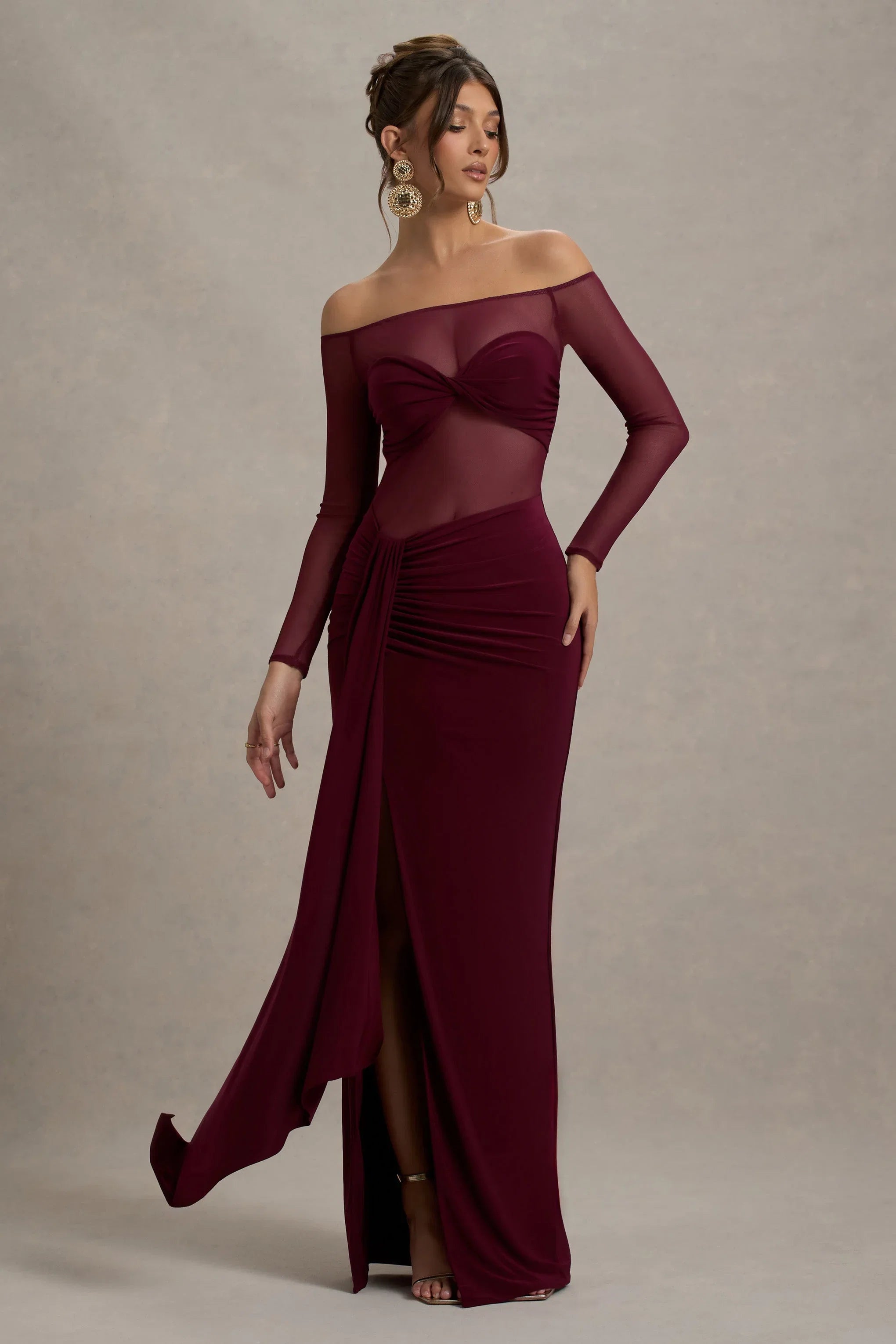 Cover Star Burgundy Mesh Bardot Long Sleeve Draped Maxi Dress