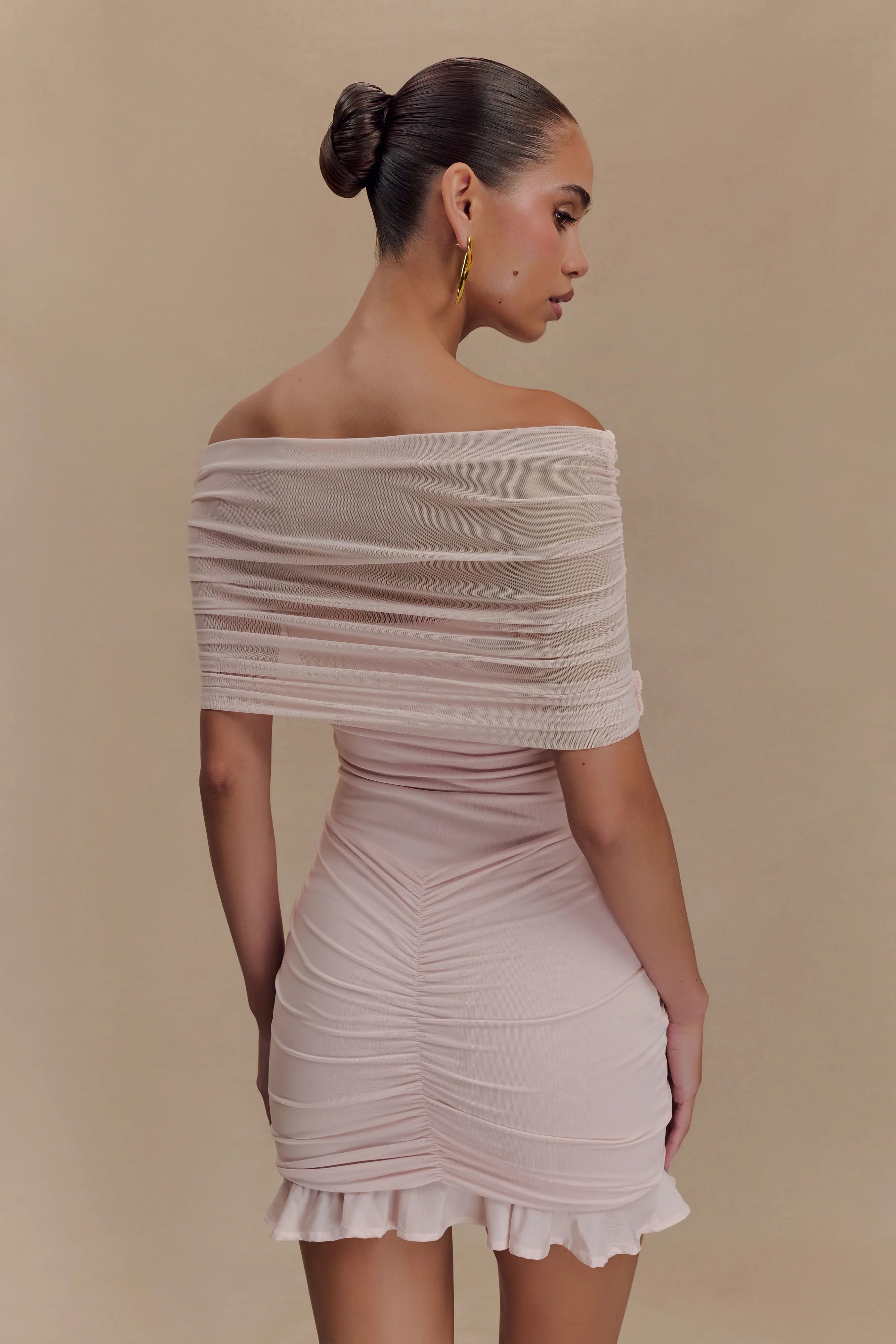 Caspian Slinky And Mesh Off Shoulder Mini Dress Pale Pink