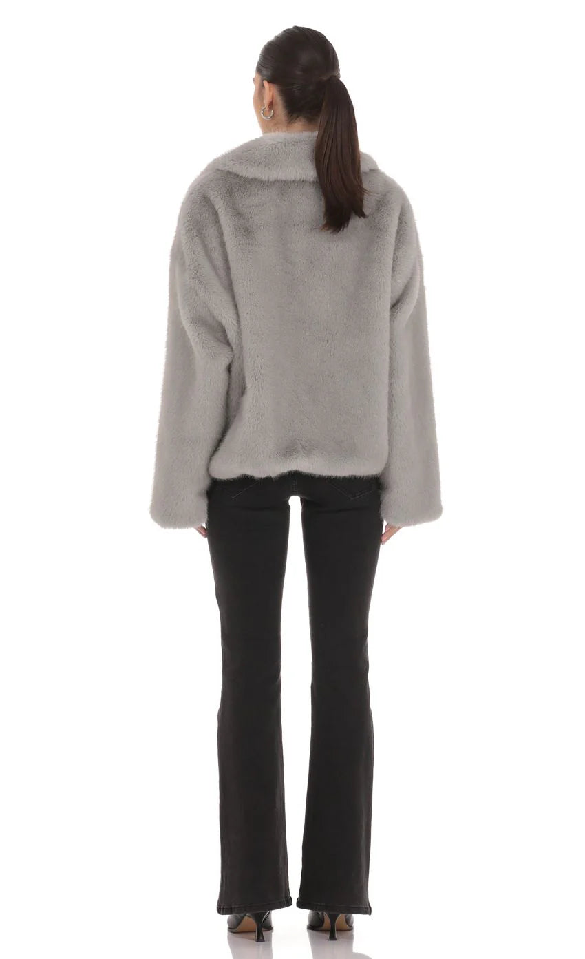 Zip Up Faux Fur Jacket in Grey