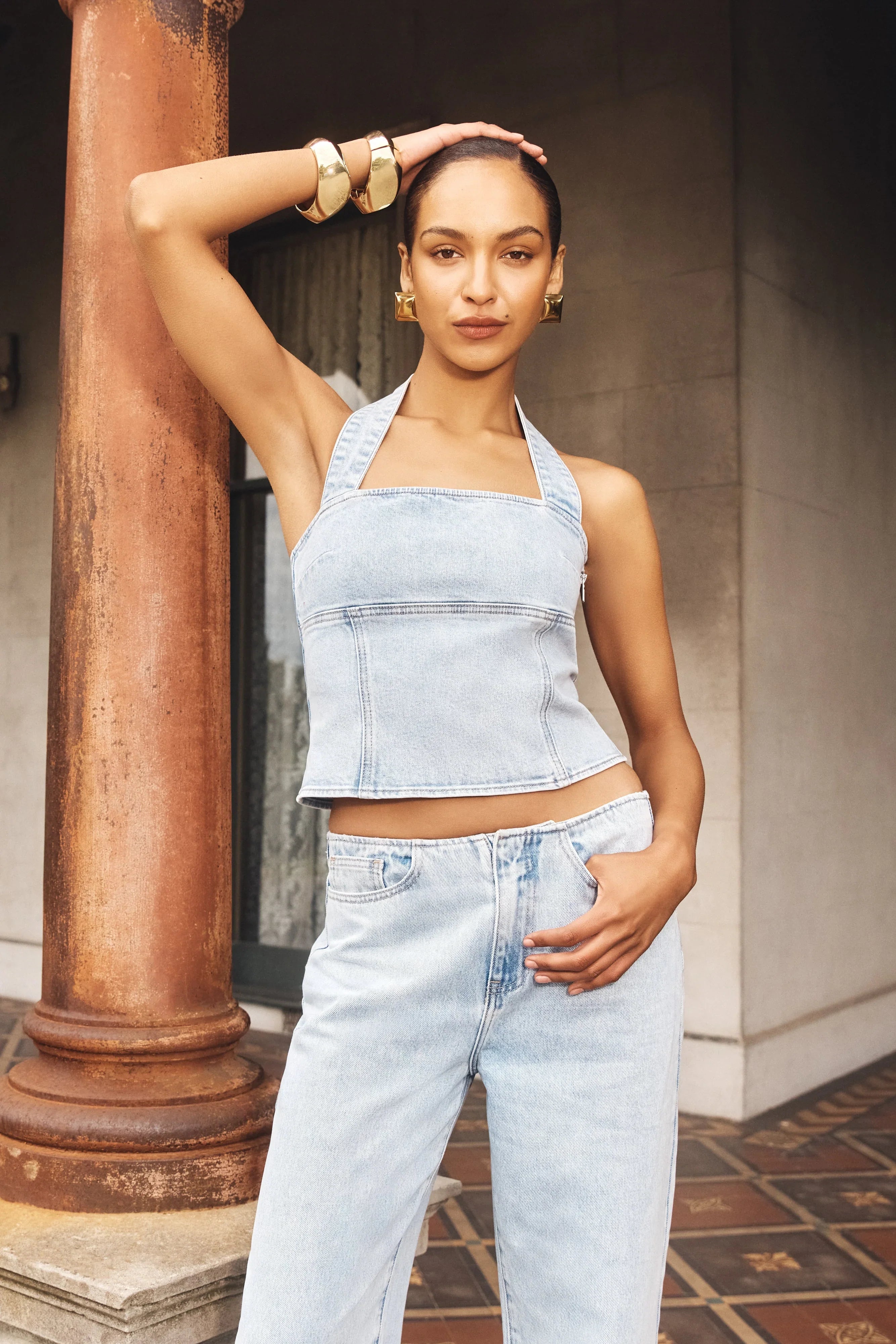 Dayna Denim Halter Top Light Blue