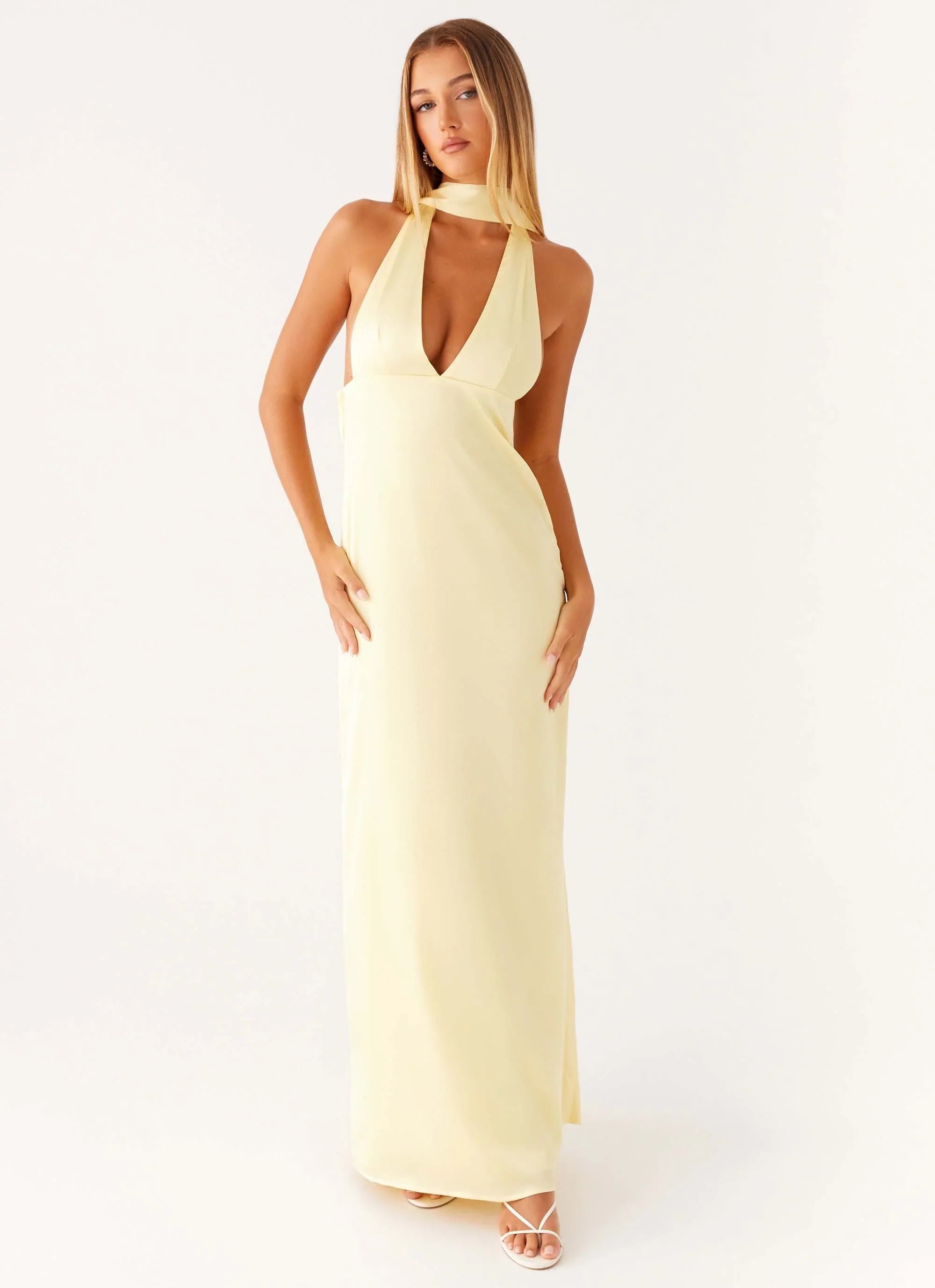 Alicia Satin Halter Maxi Dress Yellow