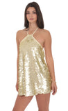 Circle Sequin Halter Shift Dress in Gold