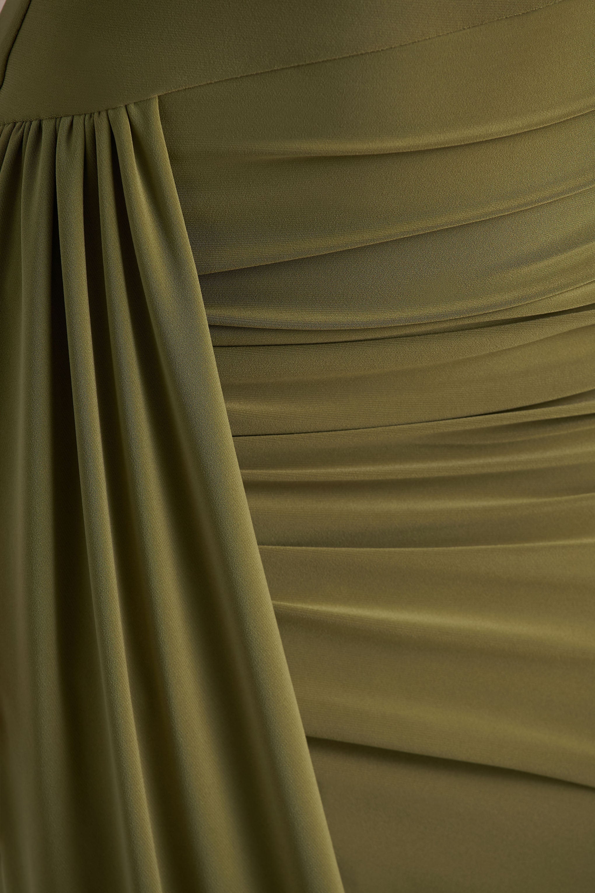 Enchant Olive Asymmetric Twisted Cape Midi Dress