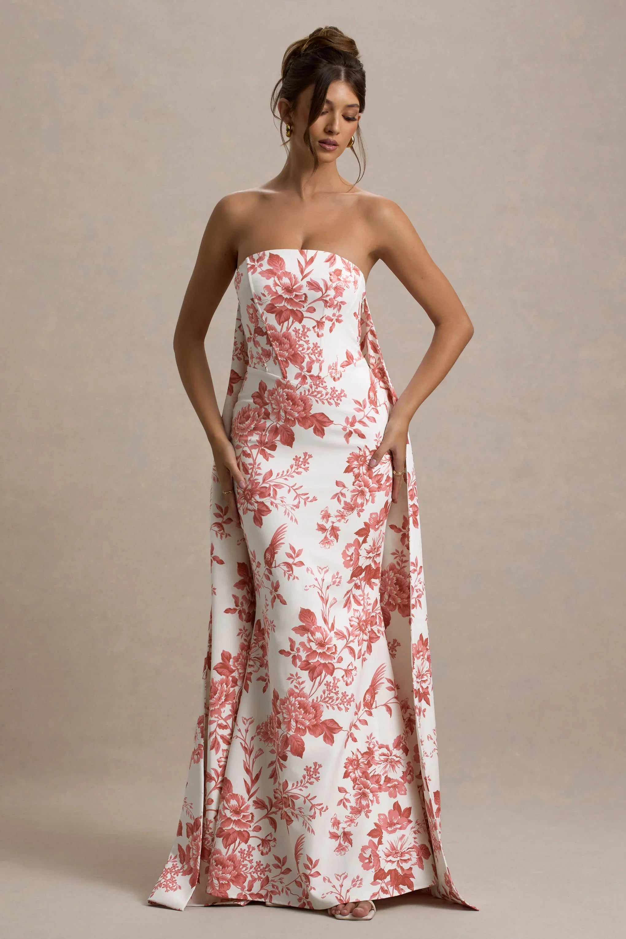 Lywenn Pink Porcelain Print Bandeau Maxi Dress With Cape