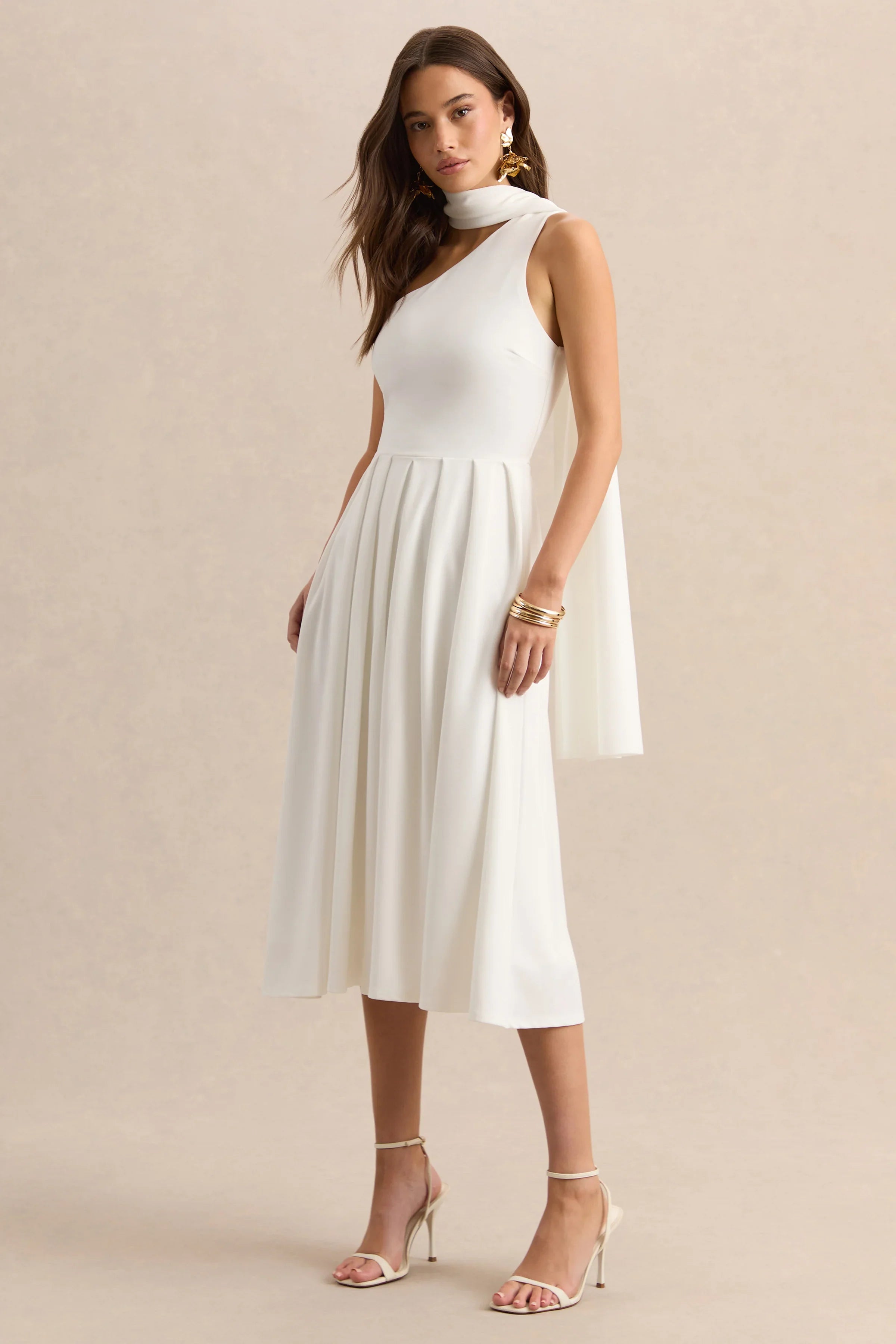 Odette White Asymmetric Neck Midi Dress With Scarf