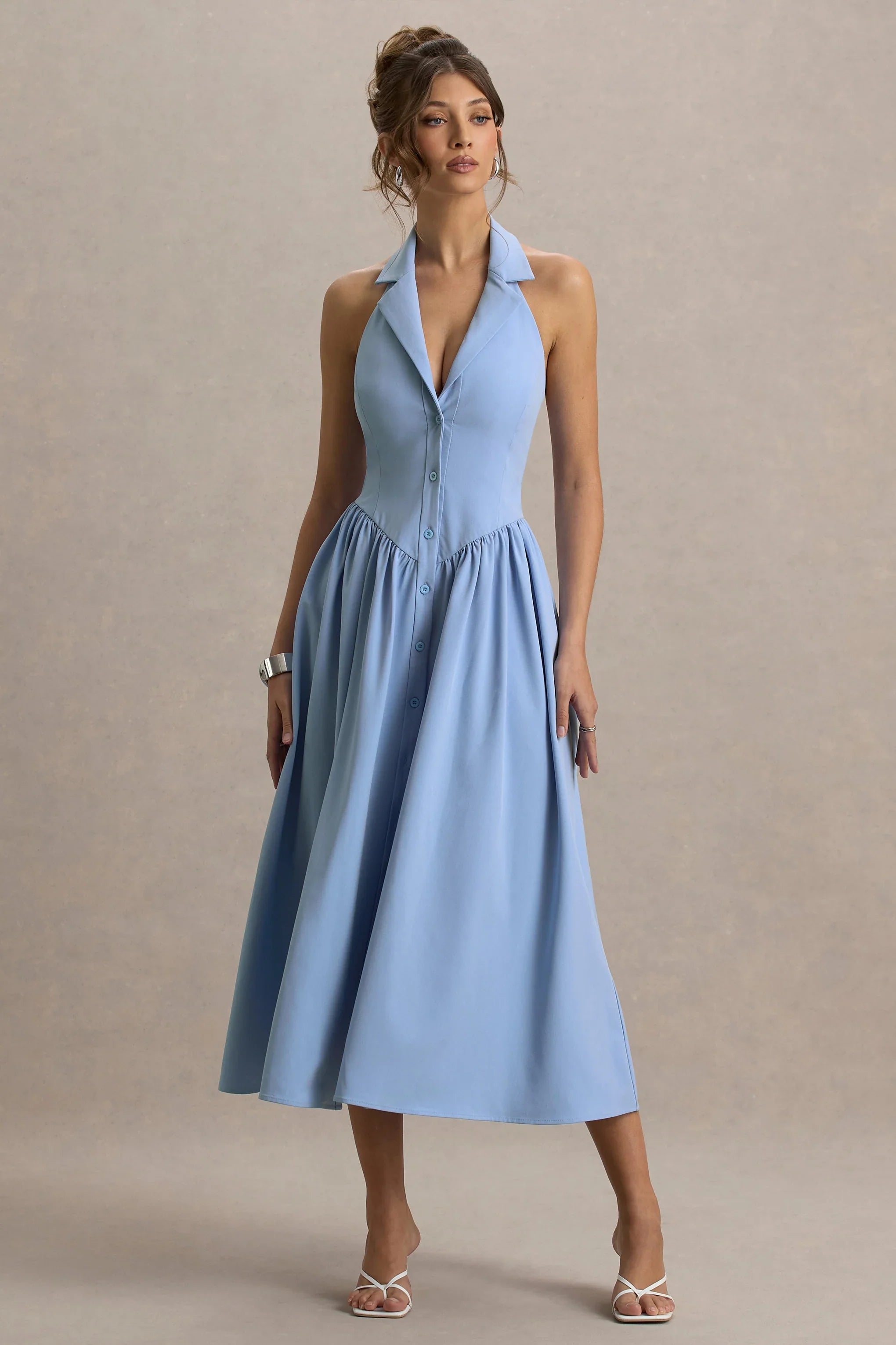 Samsara Light Blue Plunge Neck Collared Midi Dress