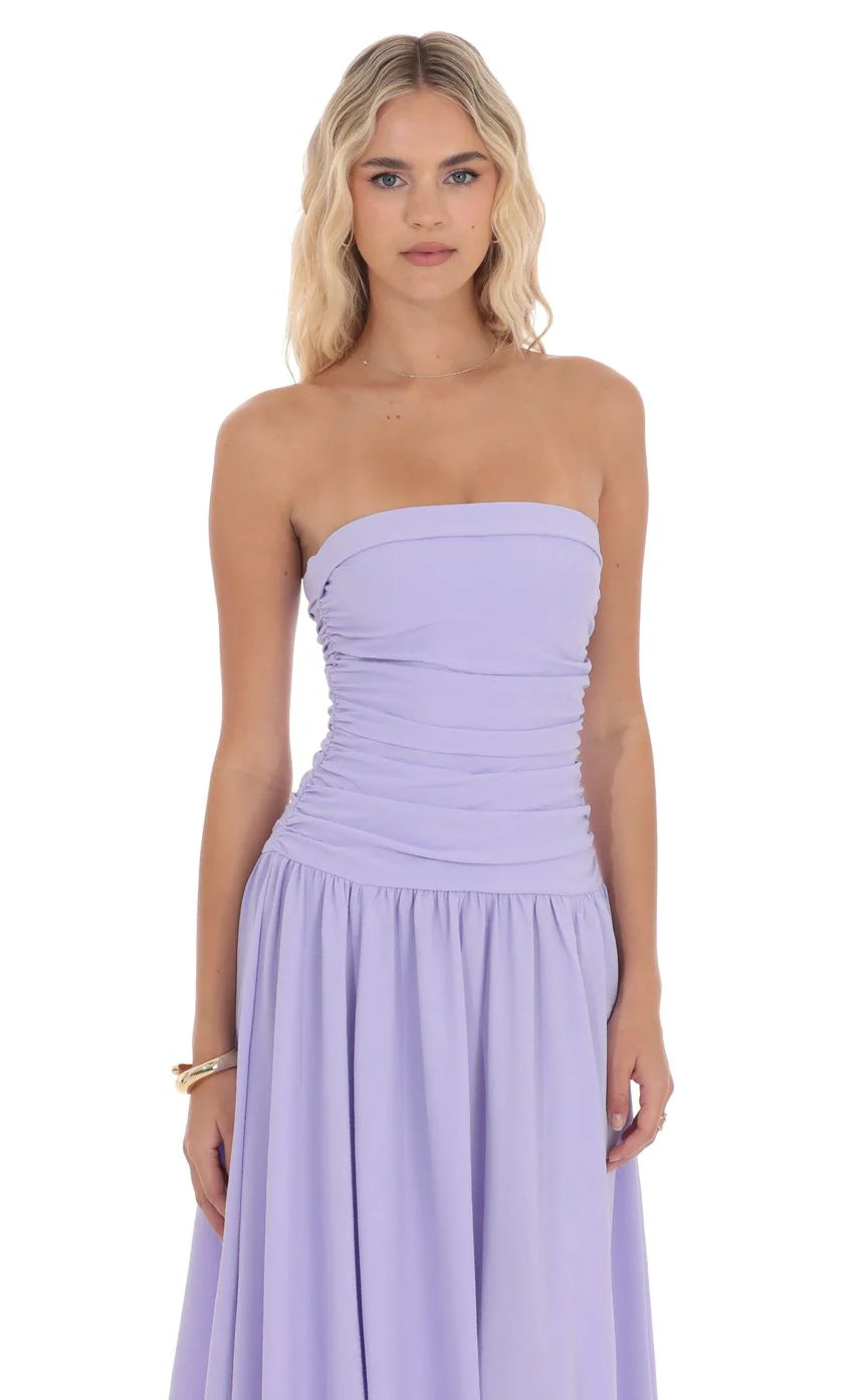 Strapless Drop Waist Maxi Dress in Lavender