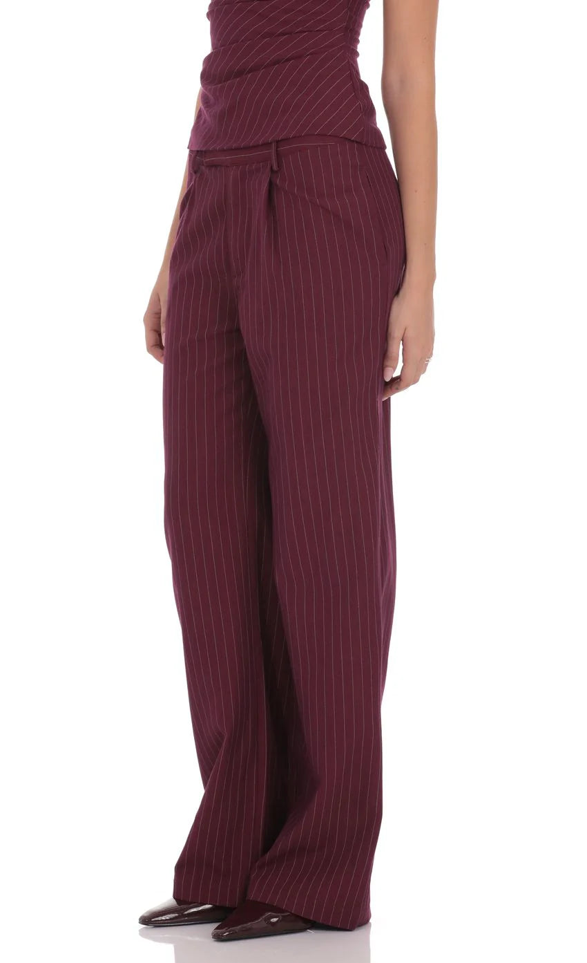 Pinstripe Wide Leg Linen Pants in Burgundy
