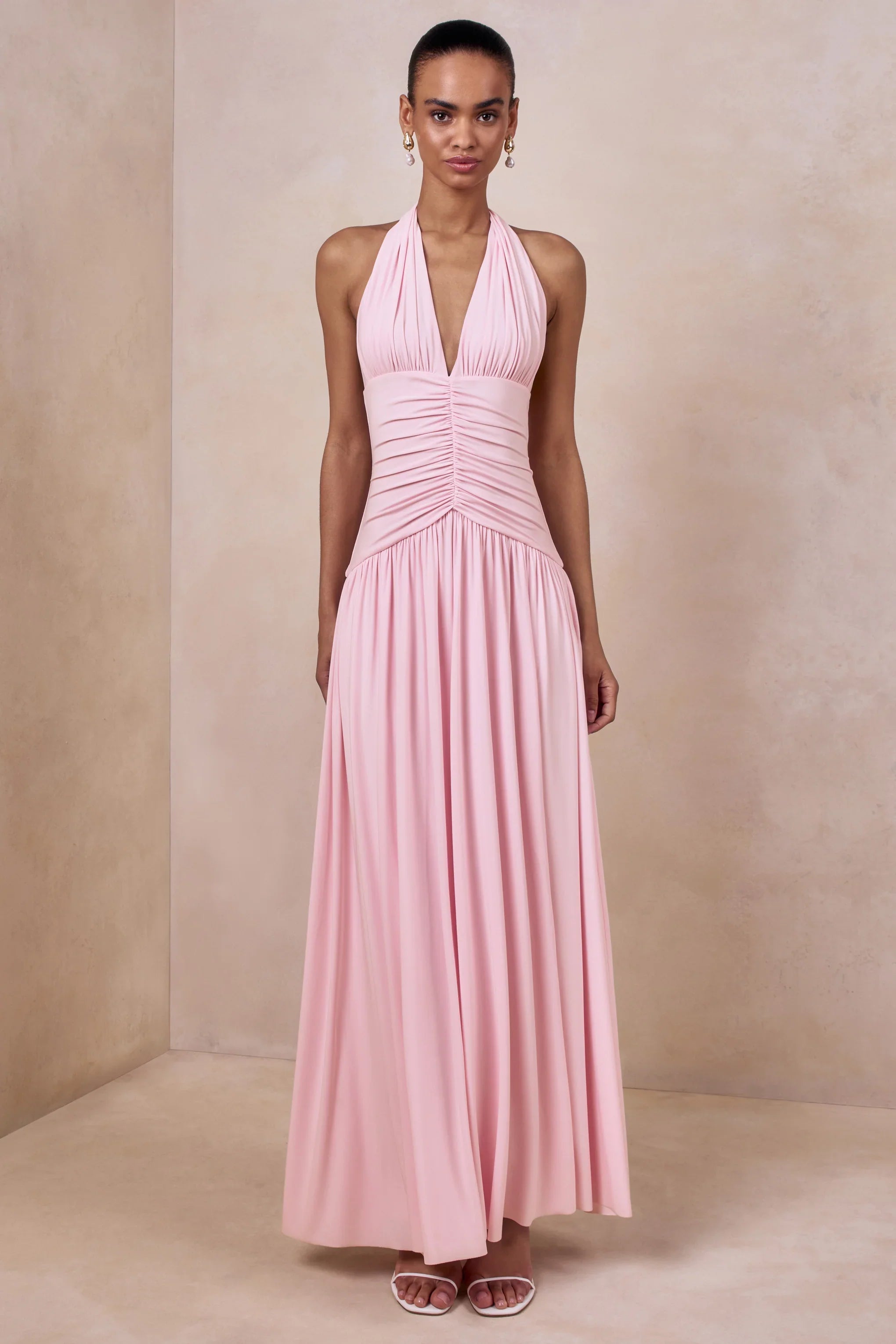 Bettina Pink Plunge Neck Maxi Dress With Gathered Detailing