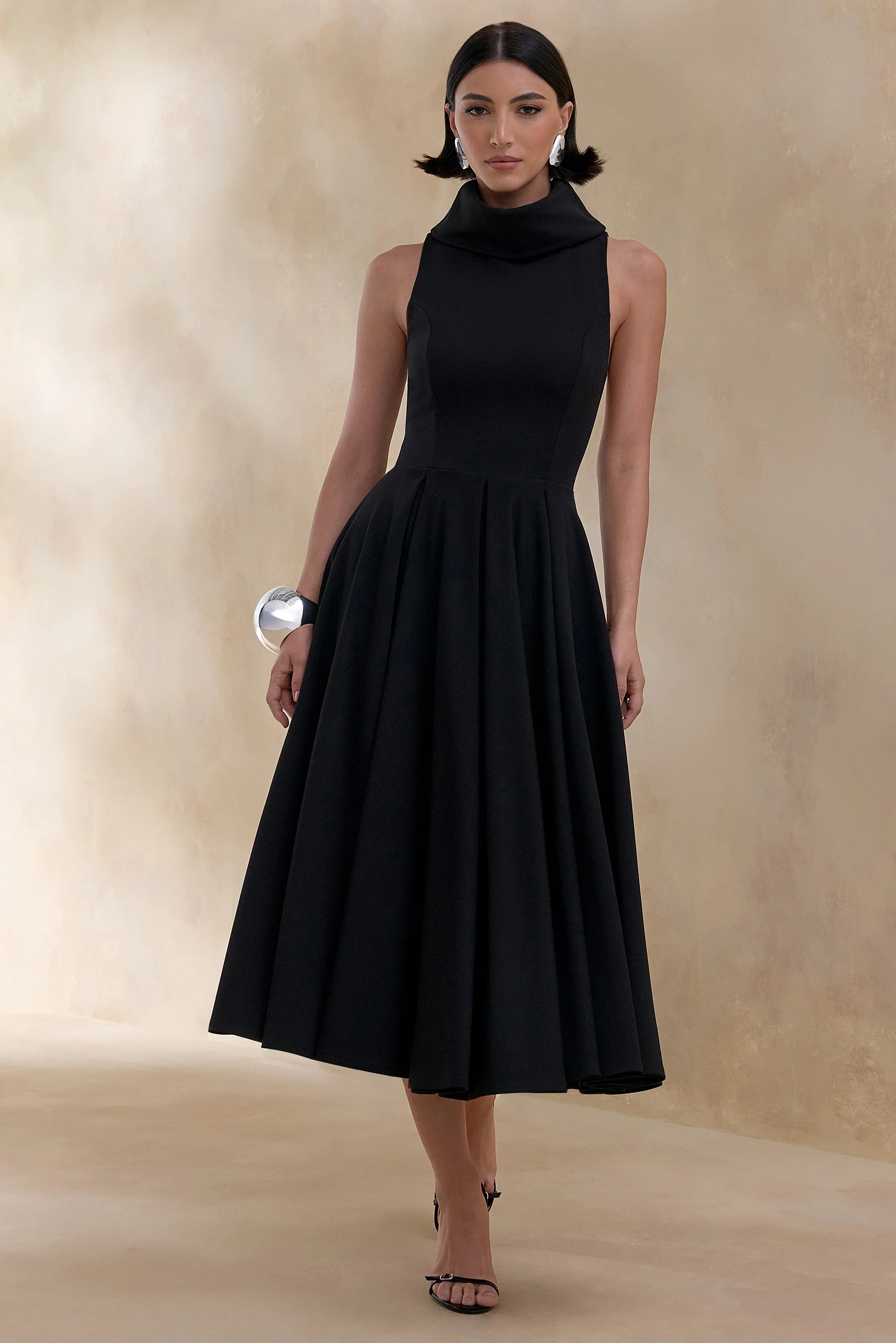 Exclusivity Black High Neck Midi Dress