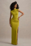Lanetta Green Ruched High Neck Maxi Dress With Split