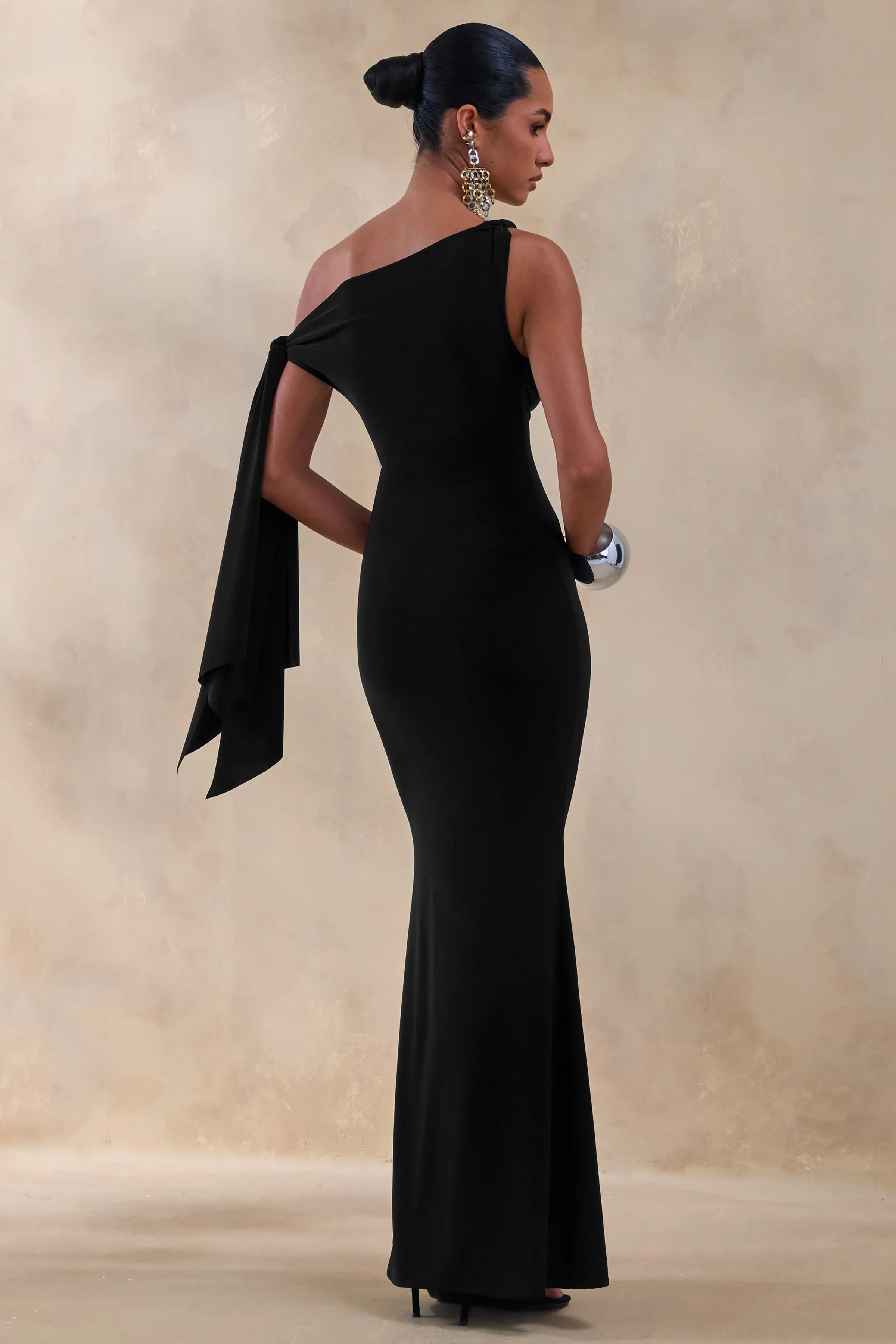 Vista Black Asymmetric Neck Maxi Dress With Knot Sleeve Detail